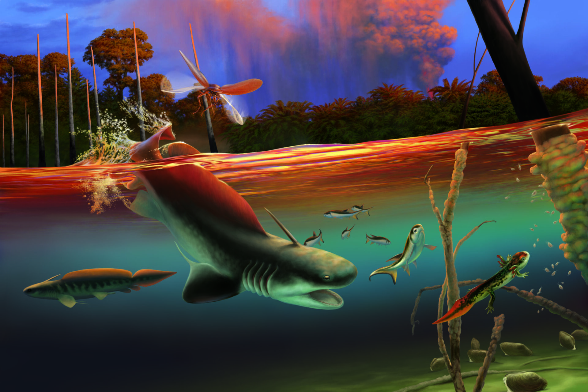 Tropische Lebewelt eines Sees vor 298 Millionen Jahren (Zeichnung: Frederik Spindler)